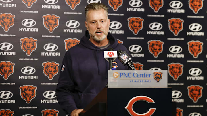 May 23, 2024; Lake Forest, IL, USA; Chicago Bears head coach Matt Eberflus speaks during organized team activities at Halas Hall