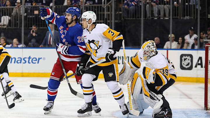 Apr 1, 2024; New York, New York, USA; New York Rangers left wing Chris Kreider (20) and Pittsburgh