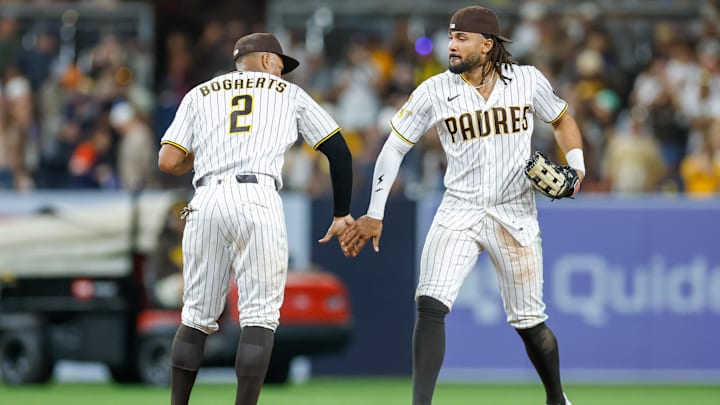 Mar 28, 2026; San Diego, California, USA; San Diego Padres right fielder Fernando Tatis Jr. (23) with shortstop Xander Bogaerts (2) after defeating the Detroit Tigers at Petco Park. Mandatory Credit: David Frerker-Imagn Images Mar 28, 2026; San Diego, California, USA; San Diego Padres right fielder Fernando Tatis Jr. (23) with shortstop Xander Bogaerts (2) after defeating the Detroit Tigers at Petco Park. Mandatory Credit: David Frerker-Imagn Images