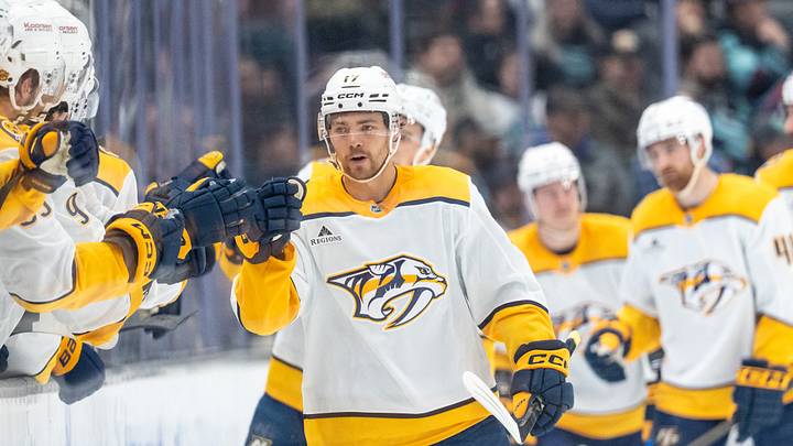 Mar 10, 2026; Seattle, Washington, USA; Nashville Predators forward Tyson Jost (17) celebrates a goal \s2p\ against the Seattle Kraken at Climate Pledge Arena. Mandatory Credit: Stephen Brashear-Imagn Images