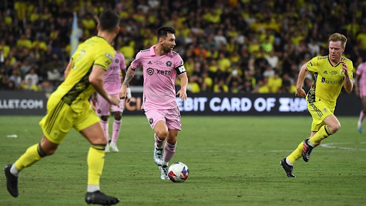 Inter Miami forward Lionel Messi prepares to pass the ball in Saturday’s League Cup win against Nashville.