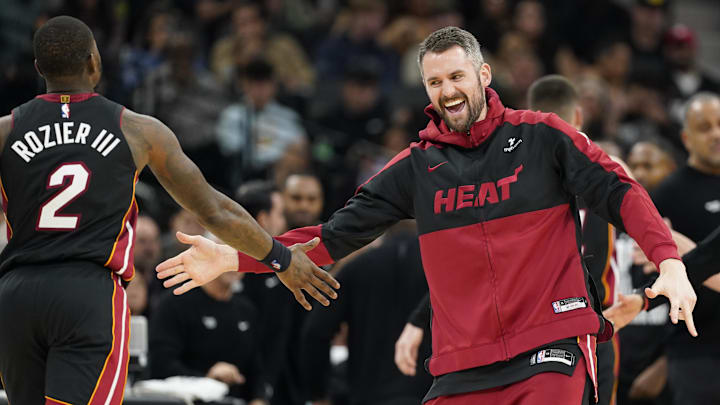 Feb 1, 2025; San Antonio, Texas, USA; Miami Heat forward Kevin Love (42) reacts after guard Terry Rozier (2) scored during the second half against the San Antonio Spurs at Frost Bank Center. Mandatory Credit: Scott Wachter-Imagn Images