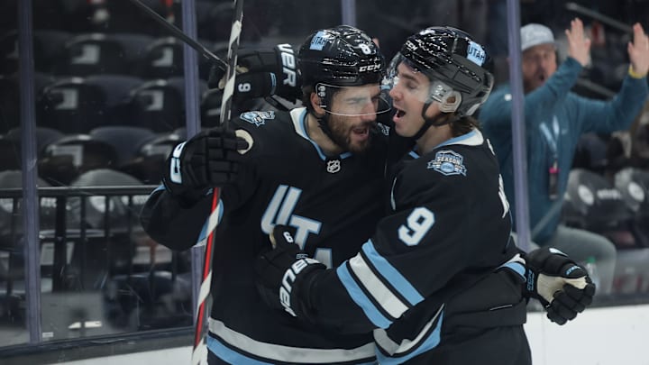 Jan 31, 2025; Salt Lake City, Utah, USA; Utah Hockey Club center Nick Schmaltz (8) and center Clayton Keller (9) celebrate a Schmaltz goal during the second period against the Columbus Blue Jackets at Delta Center. Mandatory Credit: Chris Nicoll-Imagn Images Jan 31, 2025; Salt Lake City, Utah, USA; Utah Hockey Club center Nick Schmaltz (8) and center Clayton Keller (9) celebrate a Schmaltz goal during the second period against the Columbus Blue Jackets at Delta Center. Mandatory Credit: Chris Nicoll-Imagn Images