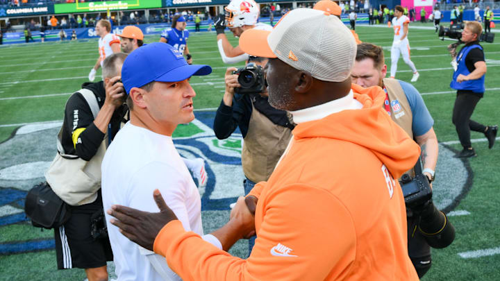 Oct 5, 2025; Seattle, Washington, USA; Seattle Seahawks head coach Mike MacDonald and Tampa Bay Buccaneers head coach Todd Bowles shake hands following the game at Lumen Field. Oct 5, 2025; Seattle, Washington, USA; Seattle Seahawks head coach Mike MacDonald and Tampa Bay Buccaneers head coach Todd Bowles shake hands following the game at Lumen Field.