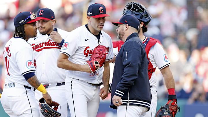 Oct 7, 2024; Cleveland, Ohio, USA; Cleveland Guardians pitcher Matthew Boyd (16) is pulled from the game during the fifth inning against the Detroit Tigers during game two of the ALDS for the 2024 MLB Playoffs at Progressive Field. Mandatory Credit: Scott Galvin-Imagn Images