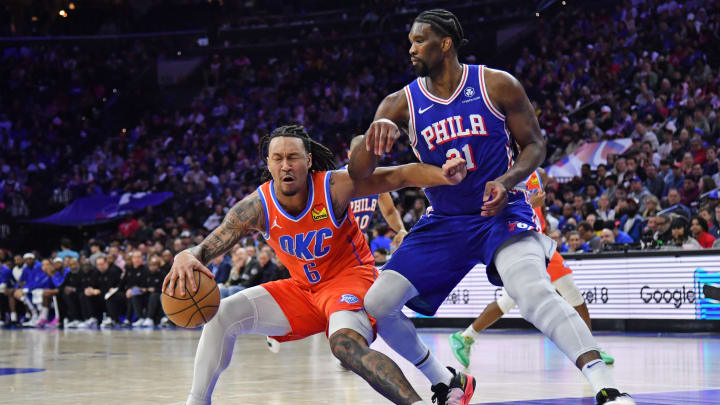 Apr 2, 2024; Philadelphia, Pennsylvania, USA; Oklahoma City Thunder forward Jaylin Williams (6) is