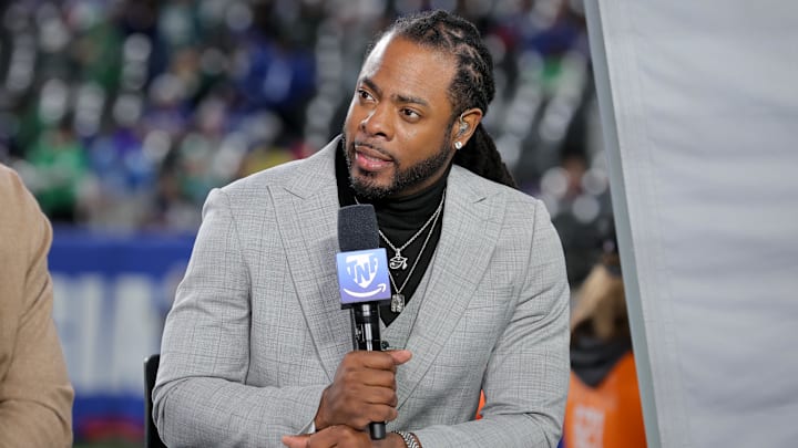 Oct 9, 2025; East Rutherford, New Jersey, USA; Richard Sherman is seen on the Thursday Night Football set before the game between the New York Giants and the Philadelphia Eagles at MetLife Stadium. Mandatory Credit: Brad Penner-Imagn Images