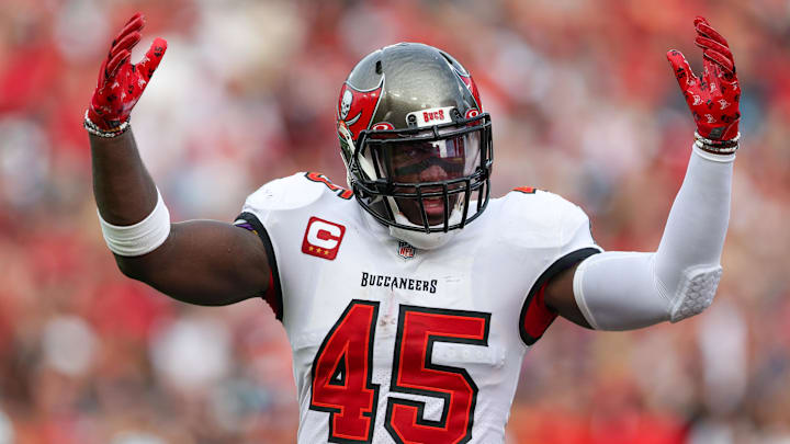 Jan 1, 2023; Tampa, Florida, USA;  Tampa Bay Buccaneers linebacker Devin White (45) reacts after a play against the Carolina Panthers in the fourth quarter at Raymond James Stadium. Mandatory Credit: Nathan Ray Seebeck-Imagn Images
