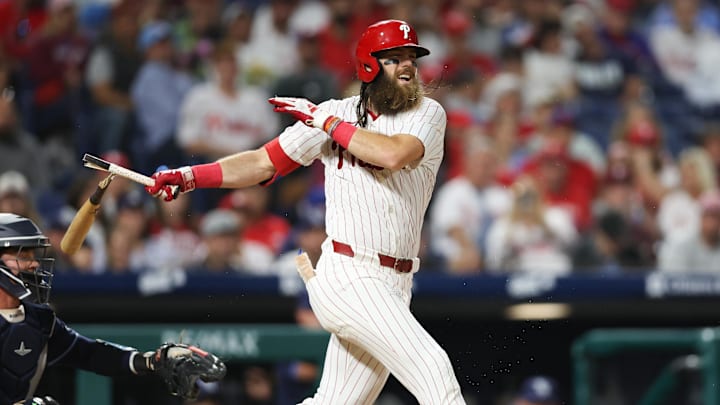 Sep 9, 2024; Philadelphia, Pennsylvania, USA; Philadelphia Phillies outfielder Brandon Marsh (16) breaks his bat while swinging at a pitch against the Tampa Bay Rays at Citizens Bank Park. Mandatory Credit: Bill Streicher-Imagn Images