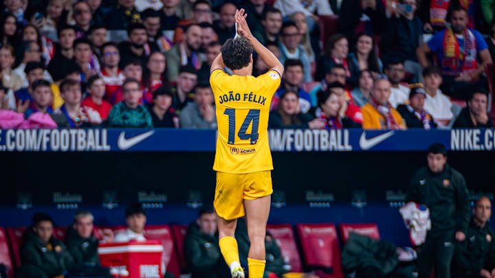 Joao Felix of FC Barcelona seen greeting the fans during the...