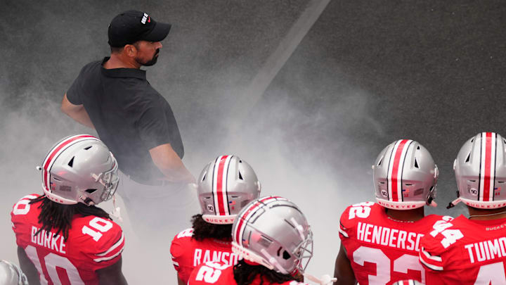 Aug 31, 2024; Columbus, OH, USA; Ohio State Buckeyes head coach Ryan Day leads his team onto the field prior to the NCAA football game against the Akron Zips at Ohio Stadium.
