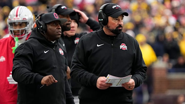Ohio State Buckeyes head coach Ryan Day watches from the sideline during the NCAA football game at Michigan Stadium in Ann Arbor, Mich. on Nov. 29, 2025. Ohio State won 27-9.