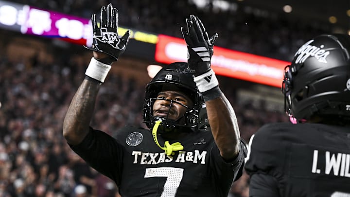Oct 4, 2025; College Station, Texas, USA; Texas A&M Aggies wide receiver KC Concepcion (7) reacts after scoring a touchdown during the third quarter against the Mississippi State Bulldogs at Kyle Field. Mandatory Credit: Maria Lysaker-Imagn Images 