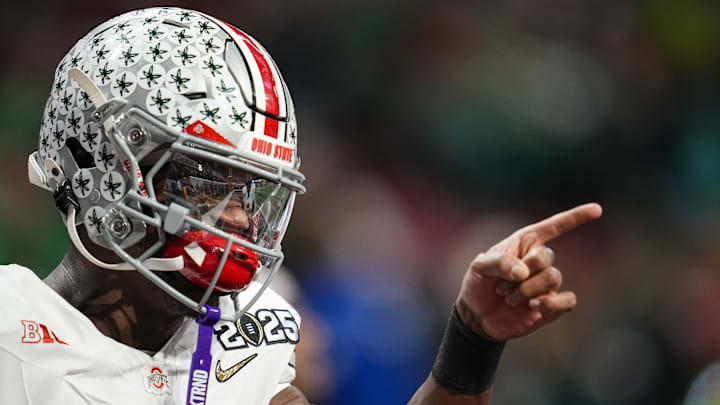 Ohio State Buckeyes safety Caleb Downs (2) warms up prior to the College Football Playoff National Championship against the Notre Dame Fighting Irish at Mercedes-Benz Stadium in Atlanta on Jan. 22, 2025.