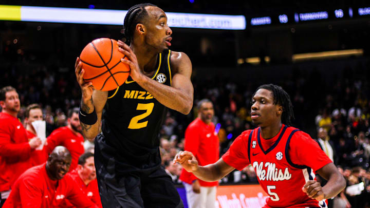 Missouri Guard Tamar Bates looks to pass during a college basketball game against Ole Miss at Mizzou Arena on Mar. 2, 2024, in Columbia, Mo.