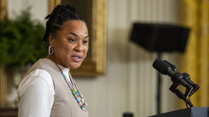 [US, Mexico & Canada customers only] Sep 10, 2024; Washington, DC, USA;  South Carolina Gamecocks head coach Dawn Staley speaks during a ceremony welcoming the women's basketball 2023-2024 NCAA championship team in the East Room of the White House. Mandatory Credit: Samuel Corum/Sipa USA via Imagn Images