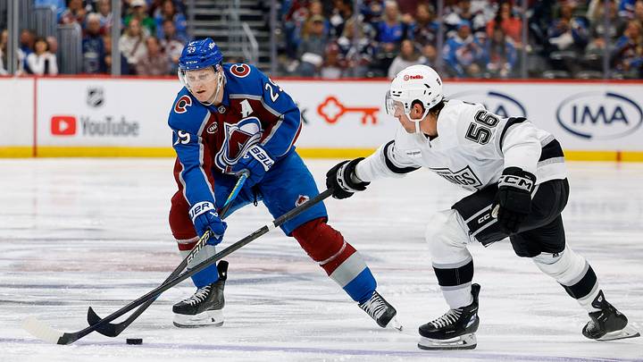 Sep 30, 2026; Denver, Colorado, USA; Colorado Avalanche center Nathan MacKinnon (29) controls the puck as Los Angeles Kings left wing Erik Haula (56) defends in the second period at Ball Arena. Mandatory Credit: Isaiah J. Downing-Imagn Images Sep 30, 2026; Denver, Colorado, USA; Colorado Avalanche center Nathan MacKinnon (29) controls the puck as Los Angeles Kings left wing Erik Haula (56) defends in the second period at Ball Arena. Mandatory Credit: Isaiah J. Downing-Imagn Images