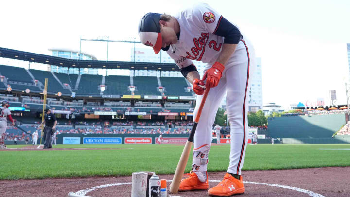 May 28, 2024; Baltimore, Maryland, USA; Baltimore Orioles shortstop Gunnar Henderson (2) on deck in the first inning against the Boston Red Sox at Oriole Park at Camden Yards.
