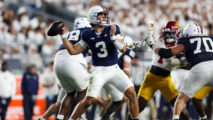 Penn State Nittany Lions quarterback Rocco Becht (3) throws a pass during the third quarter against the USC Trojans at Beaver Stadium. Penn State Nittany Lions quarterback Rocco Becht (3) throws a pass during the third quarter against the USC Trojans at Beaver Stadium.