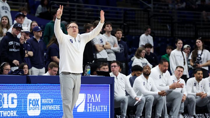 Penn State Nittany Lions head coach Mike Rhoades gestures from the bench during the second half against the Iowa Hawkeyes at Bryce Jordan Center. Penn State Nittany Lions head coach Mike Rhoades gestures from the bench during the second half against the Iowa Hawkeyes at Bryce Jordan Center.