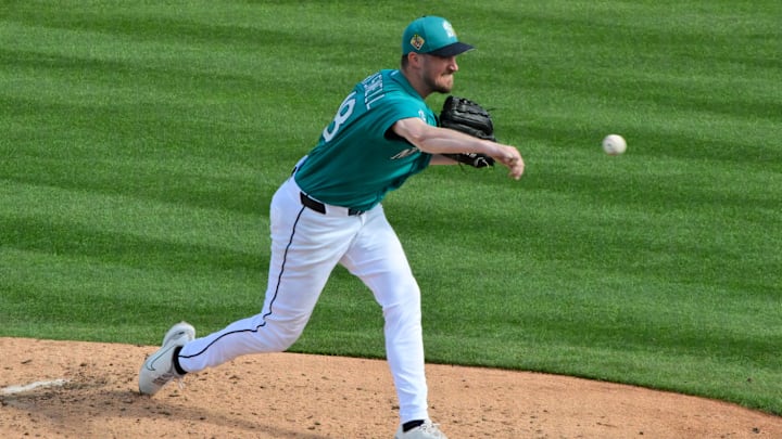 Feb 20, 2026; Peoria, Arizona, USA; Seattle Mariners pitcher Cooper Criswell (18) throws in the fourth inning against the San Diego Padres during a Spring Training game at Peoria Sports Complex. Mandatory Credit: Matt Kartozian-Imagn Images Feb 20, 2026; Peoria, Arizona, USA; Seattle Mariners pitcher Cooper Criswell (18) throws in the fourth inning against the San Diego Padres during a Spring Training game at Peoria Sports Complex. Mandatory Credit: Matt Kartozian-Imagn Images