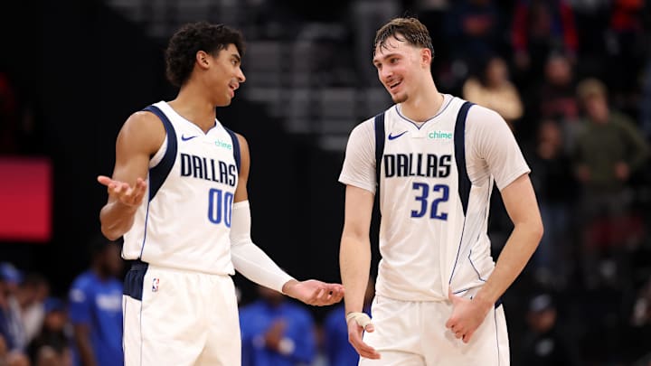 Nov 29, 2025; Inglewood, California, USA;  Dallas Mavericks guard Max Christie (00) and forward Cooper Flagg (32) chat during the fourth quarter against the Los Angeles Clippers at Intuit Dome. Mandatory Credit: Kiyoshi Mio-Imagn Images