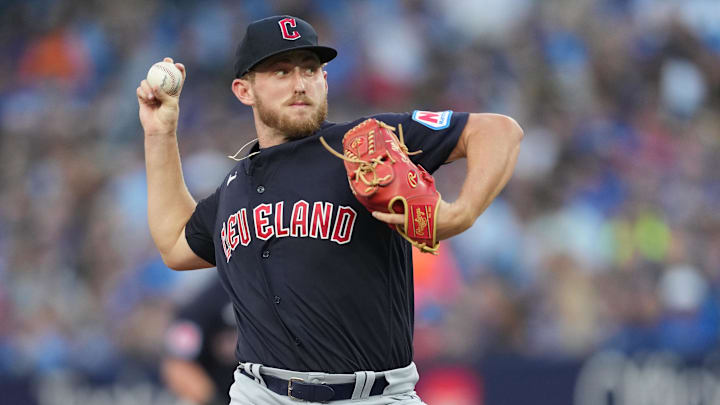 Aug 25, 2023; Toronto, Ontario, CAN; Cleveland Guardians starting pitcher Tanner Bibee (61) throws a pitch against the Toronto Blue Jays during the first inning at Rogers Centre. Mandatory Credit: Nick Turchiaro-Imagn Images