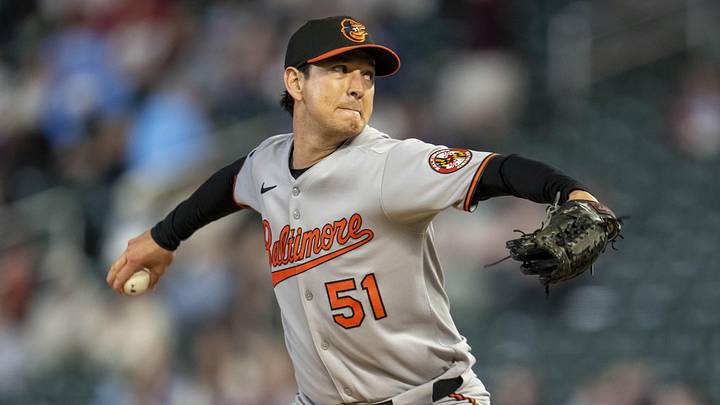 May 7, 2025; Minneapolis, Minnesota, USA; Baltimore Orioles relief pitcher Matt Bowman (51) delivers a pitch against the Minnesota Twins in the eighth inning at Target Field. Mandatory Credit: Jesse Johnson-Imagn Images