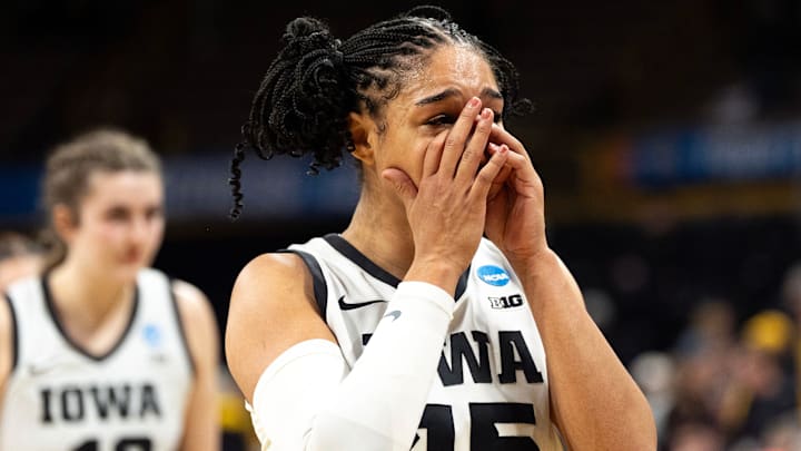 Iowa forward Hannah Stuelke (45) reacts after the Hawkeyes’ double overtime loss to against the Virginia Cavaliers March 23, 2026 during a Round of 32 NCAA March Madness game at Carver-Hawkeye Arena in Iowa City, Iowa.