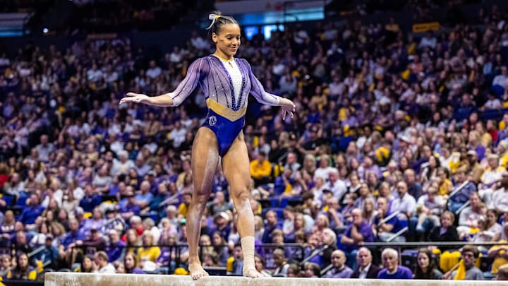 Mar 7, 2025; Baton Rouge, LA, USA;  LSU Tigers Haleigh Bryant performs on the balance beam during the meet against the Georgia Bulldogs at Maravich Center. Mandatory Credit: Stephen Lew-Imagn Images