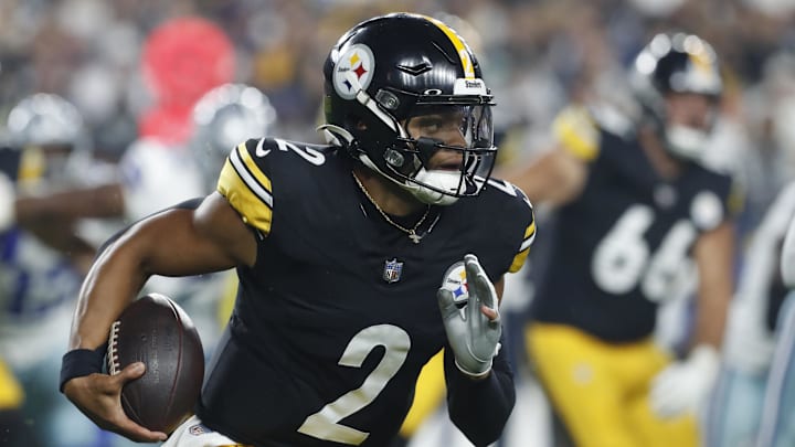 Oct 6, 2024; Pittsburgh, Pennsylvania, USA; Pittsburgh Steelers quarterback Justin Fields (2) runs the ball against the Dallas Cowboys during the first quarter at Acrisure Stadium. Mandatory Credit: Charles LeClaire-Imagn Images Oct 6, 2024; Pittsburgh, Pennsylvania, USA; Pittsburgh Steelers quarterback Justin Fields (2) runs the ball against the Dallas Cowboys during the first quarter at Acrisure Stadium. Mandatory Credit: Charles LeClaire-Imagn Images