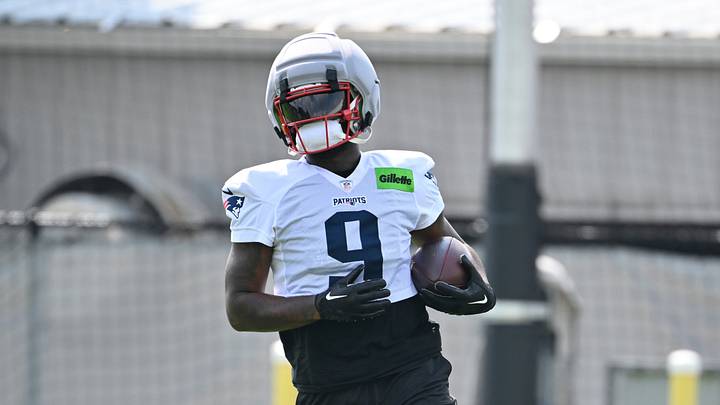 Jul 28, 2026; Foxborough, MA, USA; New England Patriots wide receiver Kayshon Boutte (9) runs with the ball during training camp at Gillette Stadium. Mandatory Credit: Eric Canha-Imagn Images