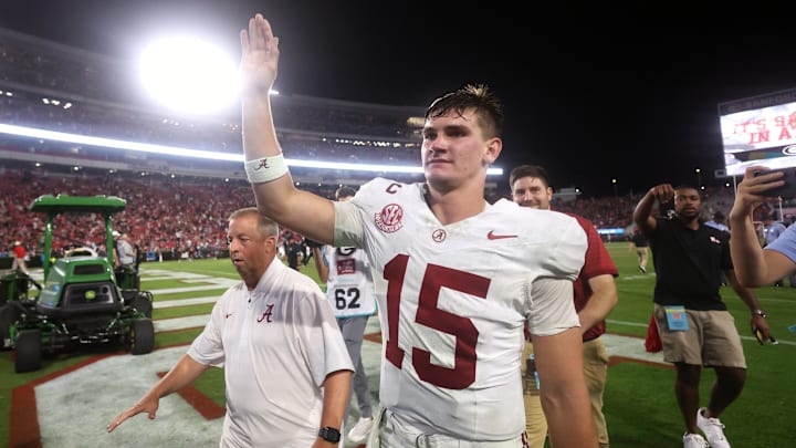 Sep 27, 2025; Athens, Georgia, USA; Alabama Crimson Tide quarterback Ty Simpson (15) celebrates after defeating the Georgia Bulldogs at Sanford Stadium. Mandatory Credit: Brett Davis-Imagn Images Sep 27, 2025; Athens, Georgia, USA; Alabama Crimson Tide quarterback Ty Simpson (15) celebrates after defeating the Georgia Bulldogs at Sanford Stadium. Mandatory Credit: Brett Davis-Imagn Images
