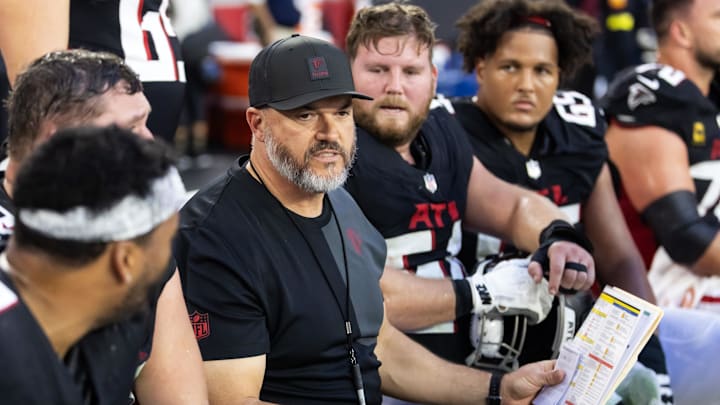 Dec 21, 2025; Glendale, Arizona, USA; Atlanta Falcons offensive line coach Dwayne Ledford against the Arizona Cardinals at State Farm Stadium. Mandatory Credit: Mark J. Rebilas-Imagn Images