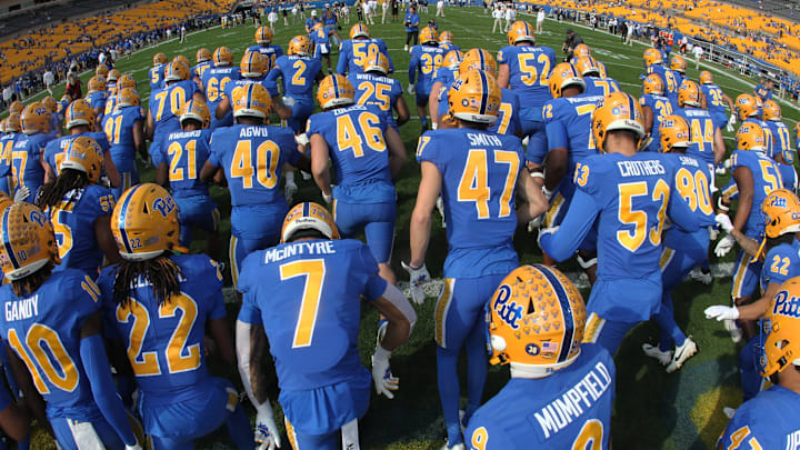 Oct 12, 2024; Pittsburgh, Pennsylvania, USA; The Pittsburgh Panthers take the field to warm up before playing the California Golden Bears at Acrisure Stadium. Mandatory Credit: Charles LeClaire-Imagn Images Oct 12, 2024; Pittsburgh, Pennsylvania, USA; The Pittsburgh Panthers take the field to warm up before playing the California Golden Bears at Acrisure Stadium. Mandatory Credit: Charles LeClaire-Imagn Images