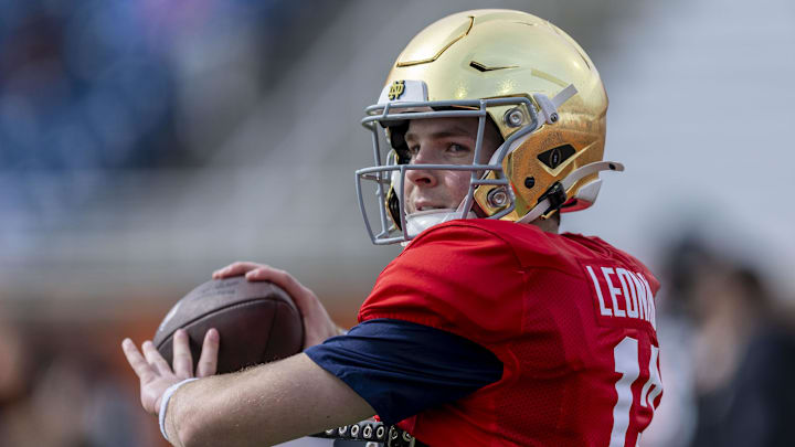 Jan 28, 2025; Mobile, AL, USA; American team quarterback Riley Leonard of Notre Dame (13) throws the ball during Senior Bowl practice for the American team at Hancock Whitney Stadium.
