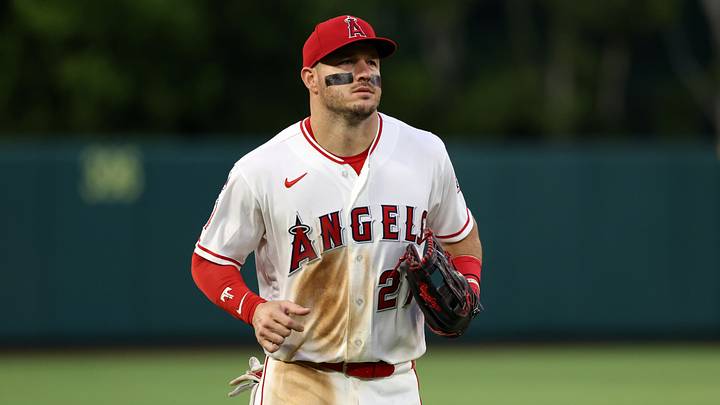 Aug 13, 2026; Anaheim, California, USA; Los Angeles Angels center fielder Mike Trout (27) looks on during the second inning against the Texas Rangers at Angel Stadium. Mandatory Credit: Kiyoshi Mio-Imagn Images Aug 13, 2026; Anaheim, California, USA; Los Angeles Angels center fielder Mike Trout (27) looks on during the second inning against the Texas Rangers at Angel Stadium. Mandatory Credit: Kiyoshi Mio-Imagn Images