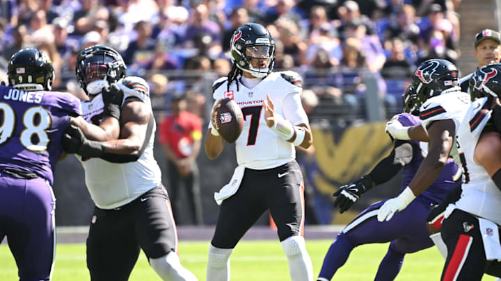 Oct 5, 2025; Baltimore, Maryland, USA; Houston Texans quarterback C.J. Stroud (7) throws downfield during the first quarter against the Baltimore Ravens at M&T Bank Stadium. Mandatory Credit: Rafael Suanes-Imagn Images