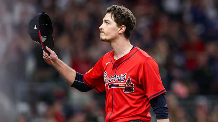 Sep 27, 2024; Atlanta, Georgia, USA; Atlanta Braves starting pitcher Max Fried (54) tips his hat to the crowd after being removed from a game against the Kansas City Royals in the ninth inning at Truist Park. Mandatory Credit: Brett Davis-Imagn Images