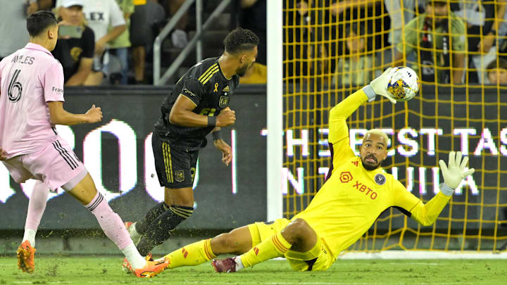 Inter Miami goalkeeper Drake Callender blocks a point-blank shot by LAFC’s Dennis Bouanga during the Herons 3-1 win Sunday.