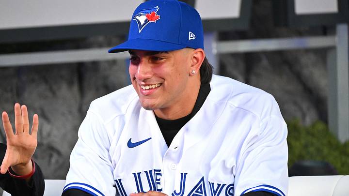 Jul 17, 2022; Los Angeles, CA, USA;  Brandon Barriera reacts after he was selected by the Toronto Blue Jays as the 23th player in the MLB draft at XBox Plaza at LA Live. Mandatory Credit: Jayne Kamin-Oncea-USA TODAY Sports