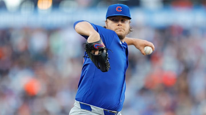 Jun 24, 2024; San Francisco, California, USA; Chicago Cubs pitcher Justin Steele (35) throws a pitch during the first inning against the San Francisco Giants at Oracle Park. All Giants players wore the number 24 in honor of Giants former player Willie Mays.