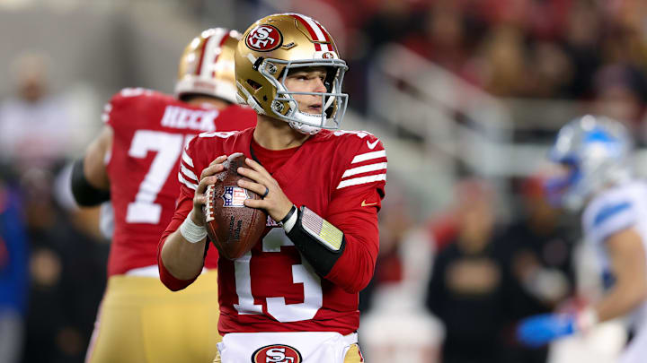 Dec 30, 2024; Santa Clara, California, USA; San Francisco 49ers quarterback Brock Purdy (13) during the game against the Detroit Lions at Levi's Stadium. Mandatory Credit: Sergio Estrada-Imagn Images