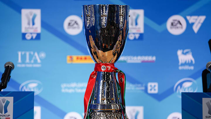 The Super coppa Italiana trophy is pictured during the press...
