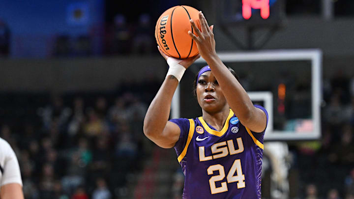 Mar 28, 2025; Spokane, WA, USA; LSU Lady Tigers forward Aneesah Morrow (24) shoots during the Sweet 16 NCAA Tournament basketball game against the NC State Wolfpack at Spokane Arena. Mandatory Credit: James Snook-Imagn Images Mar 28, 2025; Spokane, WA, USA; LSU Lady Tigers forward Aneesah Morrow (24) shoots during the Sweet 16 NCAA Tournament basketball game against the NC State Wolfpack at Spokane Arena. Mandatory Credit: James Snook-Imagn Images