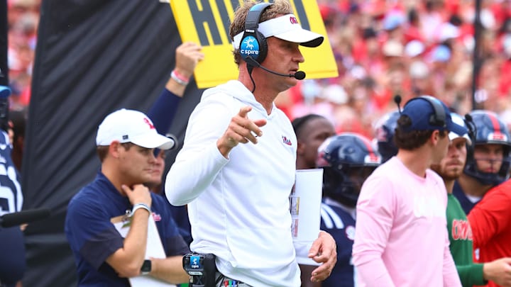 Sep 20, 2025; Oxford, Mississippi, USA; Mississippi Rebels head coach Lane Kiffin looks on during the first quarter against the Tulane Green Wave at Vaught-Hemingway Stadium. Mandatory Credit: Petre Thomas-Imagn Images