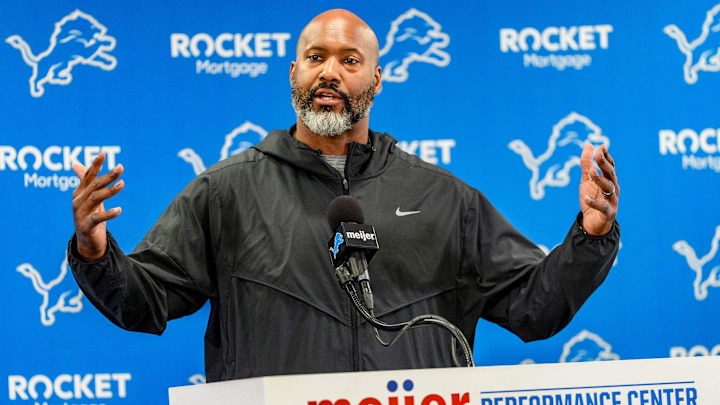 Detroit Lions Executive Vice President & General Manager Brad Holmes speaks to the press about their season, how it ended and what’s next at the Detroit Lions headquarters and training facility in Allen Park, Mich., Thursday, Jan. 23, 2025.