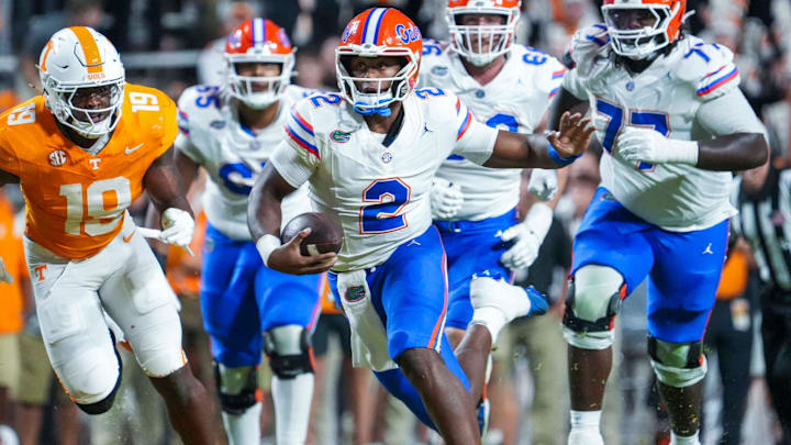 Florida quarterback DJ Lagway (2) runs with the ball during a NCAA football game between Tennessee and Florida in Neyland Stadium, in Knoxville, Tenn., Oct. 12, 2024. Florida quarterback DJ Lagway (2) runs with the ball during a NCAA football game between Tennessee and Florida in Neyland Stadium, in Knoxville, Tenn., Oct. 12, 2024.