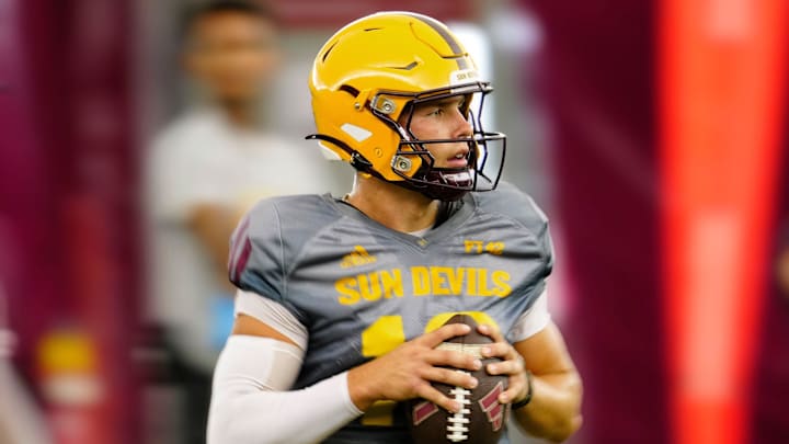 Arizona State quarterback Sam Leavitt (10) passes during a practice inside the Verde Dickey Dome in Tempe on August 12, 2025. Arizona State quarterback Sam Leavitt (10) passes during a practice inside the Verde Dickey Dome in Tempe on August 12, 2025.