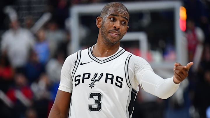 Nov 4, 2024; Inglewood, California, USA; San Antonio Spurs guard Chris Paul (3) reacts during the second half at Intuit Dome. Mandatory Credit: Gary A. Vasquez-Imagn Images